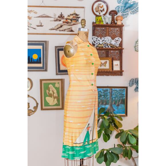 Vintage 60s Sailor Novelty Dress, Yellow Striped Sundress Sailboat Seagulls XS - Picture 12 of 15